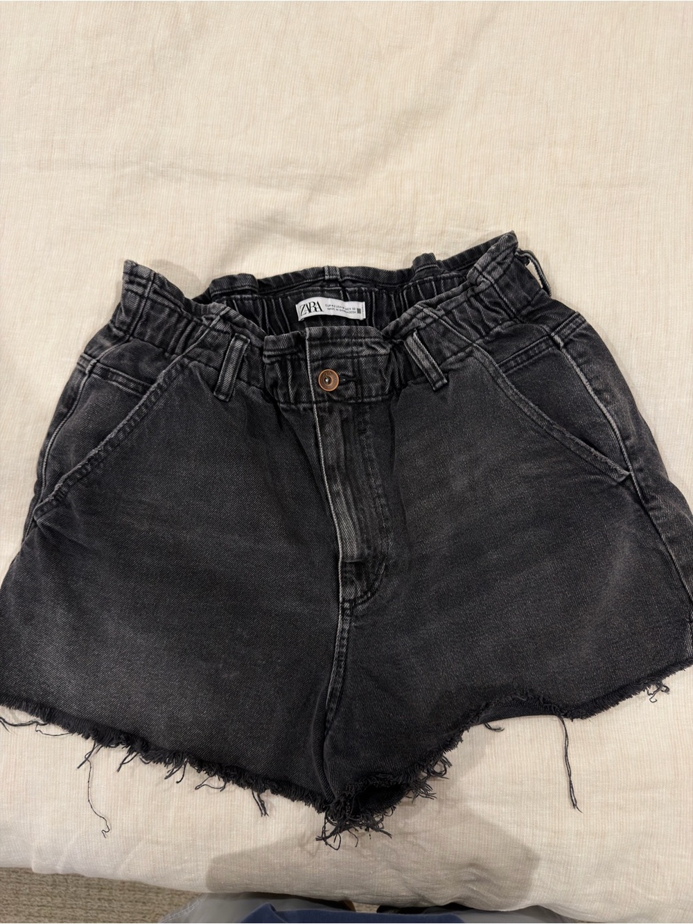 Zara Washed Black Paperbag Waist Denim Shorts